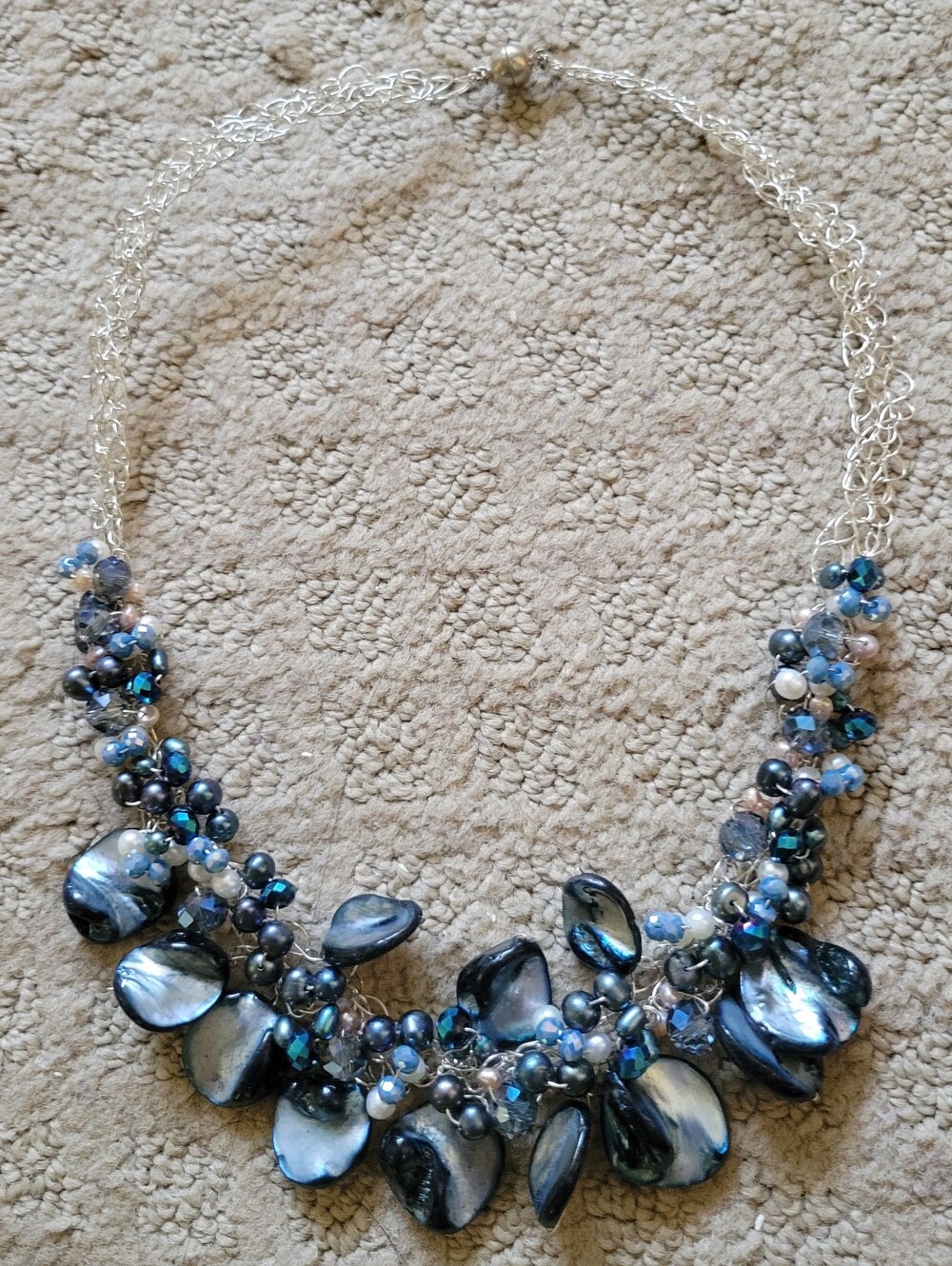 Silver plated Blue Shell & Bead Statement Necklace made by Carrie Hryciuk